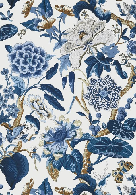 Blue Chinoiserie Wallpaper Bedroom, Chinoiserie Design Patterns, Peony Print Pattern, Chinese Porcelain Pattern Wallpaper, Chinoiserie Pattern Design, Fabric Designs Pattern, Blue Floral Embroidery, China Pattern Wallpaper, Blue Print Wallpaper