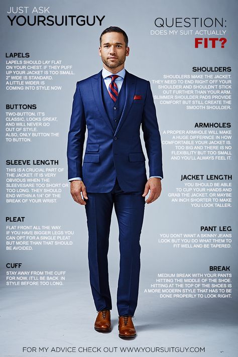 Does your suit fit? Check out this guide to be sure. Suit Tips Men Style Guides, Mens Suits Navy, Suit Guide, Suit Fit Guide, Blue Suit Men, Smart Casual Style, Designer Suits For Men, Mens Fashion Smart, Suit Men