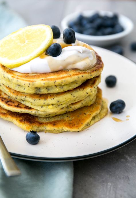 Lemon Poppyseed Pancakes (gluten & grain-free) – Love Chef Laura Pork Breakfast Sausage Recipes, Poppyseed Pancakes, Lemon Poppyseed Pancakes, Lemon Pancakes, Plant Diet, Pork Breakfast Sausage, Breakfast Sausage Recipes, Perfect Pancakes, Birthday Breakfast