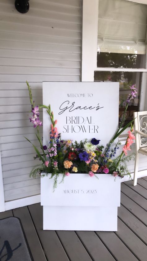 Flowers floral grocery store flowers bridal shower bride wedding green inspo garden party Bridal Shower Flower Box Welcome Sign, Gift Table Bridal Shower, Bridal Shower Sign With Flowers, Minimalist Bridal Shower Ideas Decor, Shower Signs Bridal, Bridal Shower Backyard Decorations, Signs For Bridal Shower Signage, Bridal Shower Welcome Sign Floral, Petals And Prosecco Bridal Shower Decor