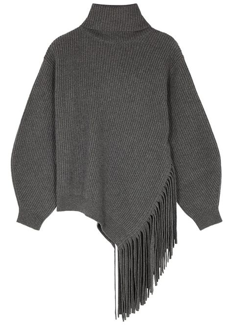 Stella McCartney Dark Grey Fringed Cashmere-Blend Jumper Fringe Accessories, Classic Shirt Dress, Cashmere Gloves, Cashmere Dress, Cashmere Accessories, Roll Neck Sweater, Cashmere Jumper, Fringe Jacket, Harvey Nichols