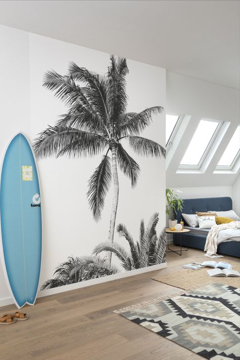 Surf Room, Modern Wallpaper Designs, Palm Trees Wallpaper, Tree Mural, Palm Wallpaper, Normal Wallpaper, Deco Salon, Custom Murals, Forest House