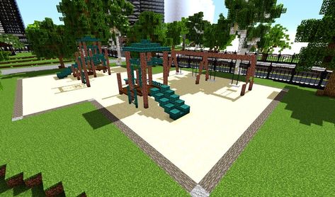 Located on the south side of Voxton Memorial Park in Downtown Voxton, this small playground features 2 different play areas and many different... Playground In Minecraft, Minecraft Playground Ideas, Playground Minecraft, Minecraft Playground, Girly Minecraft, Small Playground, Playground Accessories, Village Park, Playground Slide