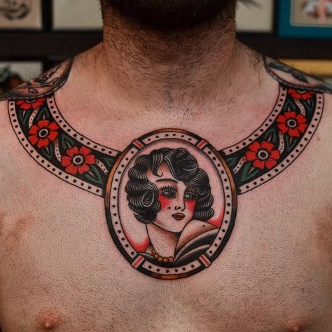 Necklace tattoo by Florian Santus #FlorianSantus #traditional #oldschool #flower #necklace #pinup Traditional Collar Tattoo, Collar Tattoos, Collar Tattoo, Best Neck Tattoos, Cuff Tattoo, Necklace Tattoo, Framed Tattoo, Traditional Style Tattoo, Bone Tattoos