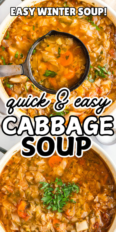 Photo collage of cabbage soup with text overlay. Rice And Cabbage Soup, Fall Soup Recipes Tomato, Cabbage Soup Diet Recipe Original, Easy Cabbage Soup Recipe, Soup With Cabbage In It, Cabbage Soup Easy, Russian Cabbage Soup Recipe, The Cabbage Soup Diet, Easy Winter Soups