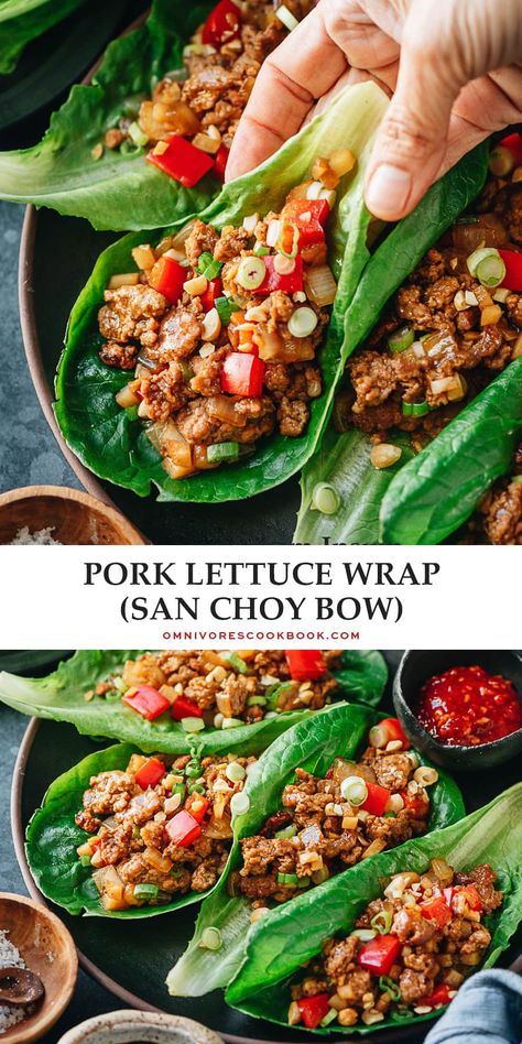 A super easy and fast San Choy Bow, or pork lettuce wrap recipe, that features tender pork and crisp vegetables brought together with a scrumptious brown sauce served on lettuce leaves. Make a light healthy meal or complete your Chinese dinner with this colorful dish! {Gluten-Free adaptable} San Choy Bow, Chinese Dinner, Pork Lettuce Wraps, Popular Appetizers, Bite Size Appetizers, Wrap Recipe, Lettuce Wrap Recipes, Lettuce Wrap, Brown Sauce