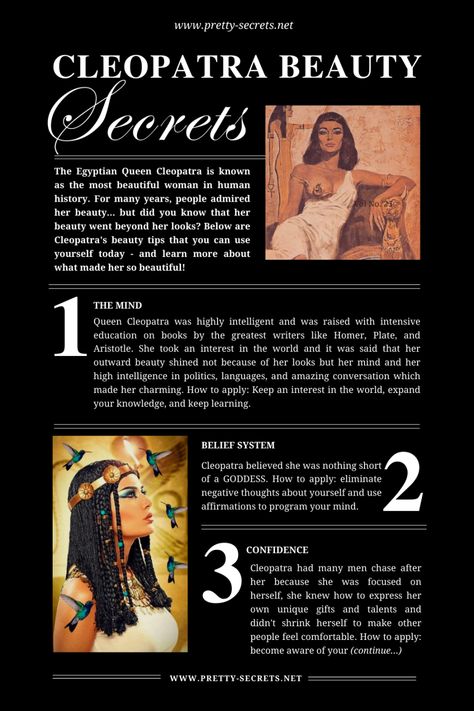 Pretty-Secrets | Self-Reinvention, Full Potential & Confidence Secrets Cleopatra Beauty, Cleopatra Beauty Secrets, Feminine Energy Aesthetic, Divine Feminine Spirituality, Ancient Beauty, Get My Life Together, Self Confidence Tips, Confidence Tips, Girl Tips