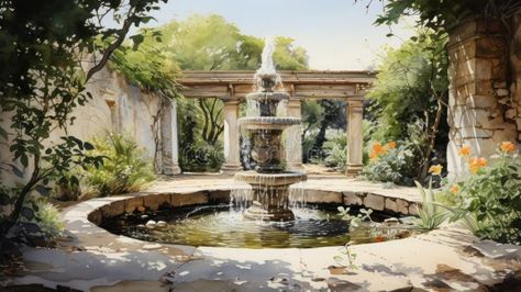 Watercolor illustration of a quiet fountain in the middle of an ancient ruin landscape with delicate flora. stock photo Fountain Illustration, Kids Lighting, Ancient Ruins, Water Fountain, Watercolor Illustration, In The Middle, The Middle, Photo Image, Roses