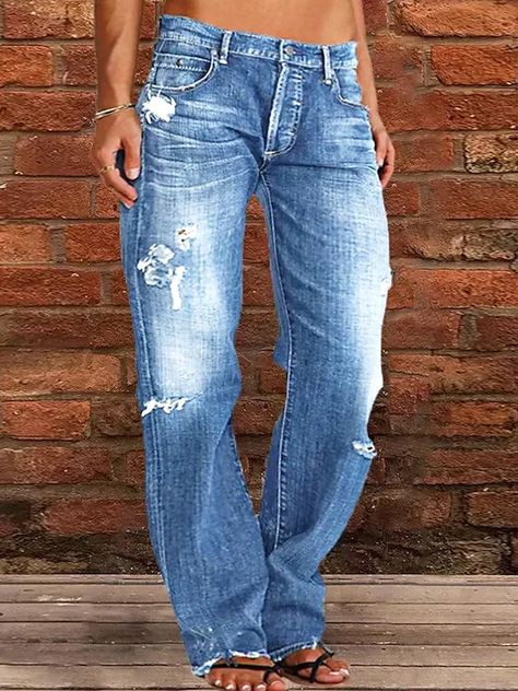 Loose Plain Casual Denim Jeans Denim Style Casual, Casual Denim Jeans, Ripped Pants, Moda Denim, Look Casual Chic, Fly Outfit, Estilo Denim, Mode Jeans, Pants Summer