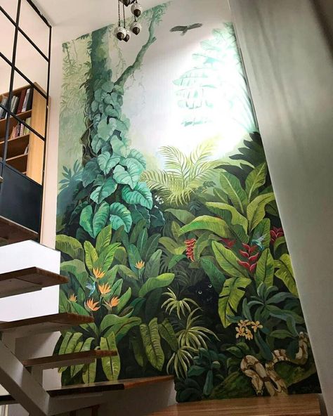 Jungle Mural, Garden Mural, Forest Mural, Tropical Painting, Jungle Art, Wall Murals Painted, Wall Drawing, Wall Paint Designs, Dreams Into Reality