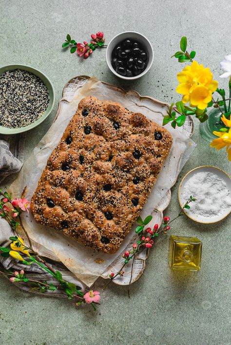 Whole Wheat Focaccia, Food And Mood, Focaccia Recipe, Black Sesame Seeds, Flaky Salt, Focaccia Bread, Black Olives, No Knead, Delicious Bread