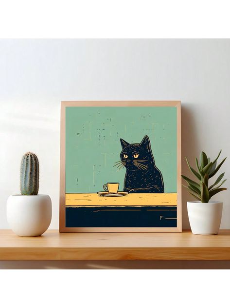 Multicolor  Collar  Canvas Animal,Cartoon  Embellished   Home Decor Cat Chilling, Quirky Kitchen Decor, Peach Walls, Quirky Kitchen, Quirky Illustration, Cat Poster, Cat Wall Art, Illustration Vintage, Arte Inspo