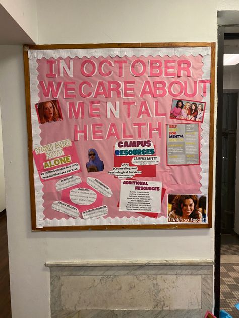 Health Bulletin Board Ideas, Therapist Activities, Mental Health Bulletin Board Ideas, Mental Health Bulletin Board, Health Bulletin Boards, October Bulletin Boards, Ap Psychology, Metal Health, Ra Bulletins