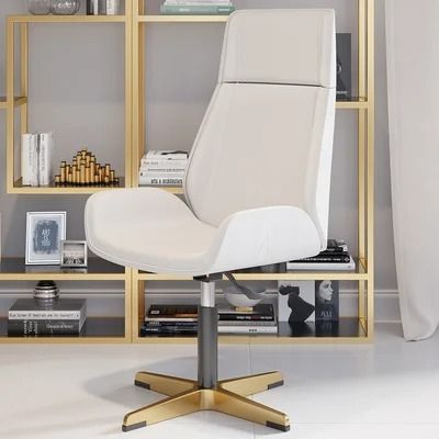 Leather Office Desk Chair High Back Adjustable Swivel Executive Chair in White & Gold Wooden Writing Desk, Upholstered Office Chair, Gold Office, High Back Office Chair, Modern Office Chair, Leather Office, Desk And Chair Set, Leather Office Chair, High Back Chairs