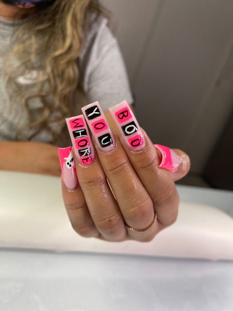 Pink square nails Cute Nail Sets Art Designs, Color Under Nails, Mean Girls Inspired Nails, Mean Girls Nails Acrylic, Mean Girls Nails Ideas, Burn Book Nails, Mean Girl Nails, Mean Girls Nails, Braiders Nails