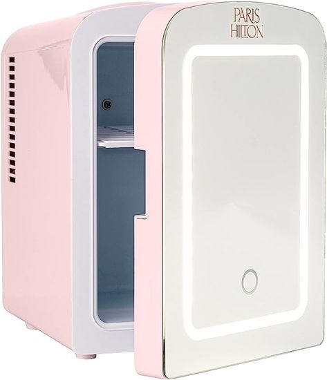 Barbie inspired! Paris Hilton Mini Refrigerator and Personal Beauty Fridge, Mirrored Door with Dimmable LED Light, Thermoelectric Cooling and Warming Function for All Cosmetics and Skincare Needs, 4-Liter, Pink Makeup Desk Bedroom, Pink Mini Fridge, Bathroom Vanity Makeup, Beauty Fridge, Mirrored Door, Girls Gift Guide, Mini Refrigerator, Mini Wine Bottles, Skin Care Face Mask