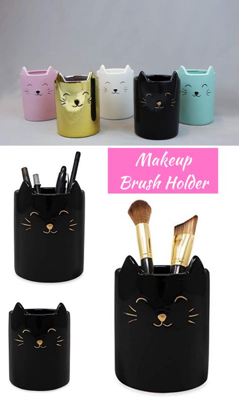 Cat Themed Bedroom, Pottery Toothbrush Holder, Pen Holder Diy, Themed Makeup, Diy Pencil Holder, Cup Organizer, Office Cat, Cat Pen, Paint Brush Holders