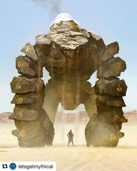 #Repost @letsgetmythical ・・・ Huge rock golem in the desert. I think this great beast was just erected from the earth by the little man standing in front, and the sand falling off the golem. Wish I knew what those symbols meant on the arms  Full credit for this piece goes to leopardsnow of DeviantArt 다크 판타지, Monster Concept Art, Fantasy Monster, Creature Concept Art, Fantasy Concept Art, Arte Fantasy, 판타지 아트, Creature Concept, Arte Horror