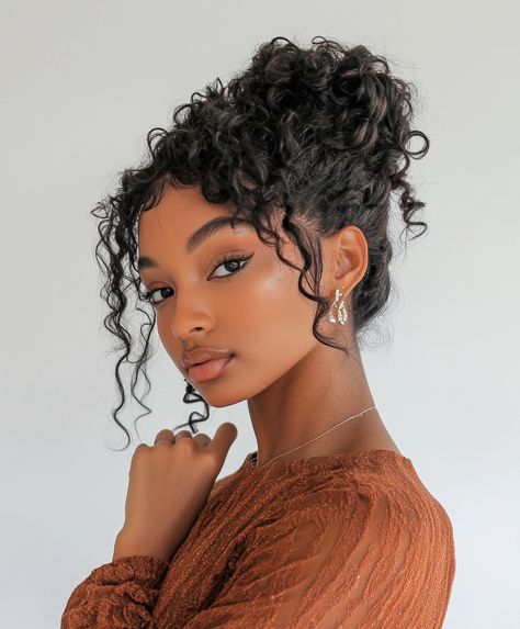 👱 Glamorous Braids Updo Hairstyle: Vibrant Curly Updo With Braid Look Natural Buns For Black Women, Curly Girl Updo Hairstyles, Curly Hair Formal Updo, Afro Hair Updo, Formal Curly Updo, Natural Curly Updo Hairstyles, Formal Natural Hairstyles, Curly Updo Hairstyles For Black Women, Curly Bun Updo