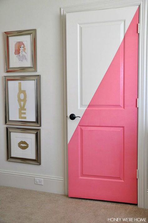 Diagonal Painted Office Doors | Honey We're Home Bedroom Door Decorations, Modern Paint Colors, Bedroom Closet Doors, Bedroom Door Design, Trendy Bedroom, Door Makeover, Bedroom Doors, Door Color, Room Doors