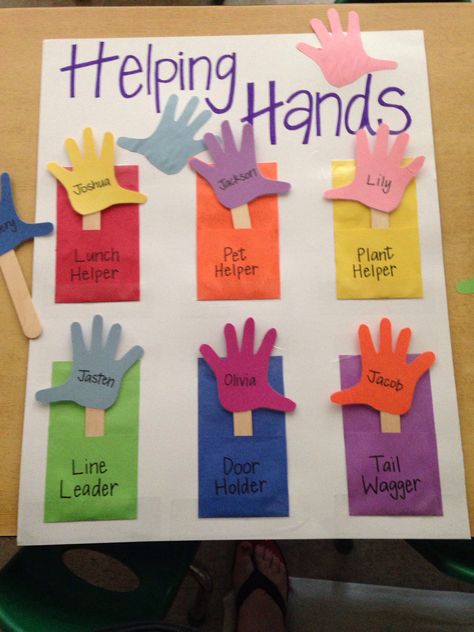 Helping Hands Preschool Jobs, Things To Keep Preschoolers Busy, Friends With Helpful Hands Activities, Helping Hands Classroom Jobs, Helping Hands Chart Classroom Jobs, Interactive Charts For Preschool, Who’s Here Today Board, Helping Hands Preschool, Preschool Welcome Activities