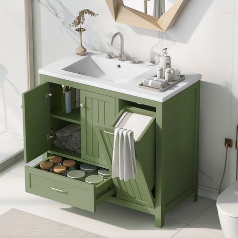 Green Vanity, 36 Bathroom Vanity, Bathroom Vanity With Sink, Silver Handles, Vanity With Sink, Solid Wood Cabinets, Vanity Storage, White Sink, Bathroom Storage Cabinet