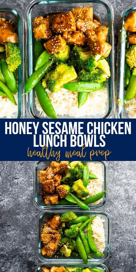 These Honey Sesame Chicken Lunch Bowls have chicken breast, broccoli and asparagus tossed in a sweet and savory honey sesame stir fry sauce. Perfect for healthy meal prep lunches! #sweetpeasandsaffron #mealprep #chickenbreast #stirfry #glutenfree Chicken Lunch Bowls, Chicken Breast Broccoli, Chicken Sesame, Meal Prep Lunches, Broccoli And Rice, Lunch Bowls, Brain Healthy Foods, Honey Sesame Chicken, Chicken Lunch