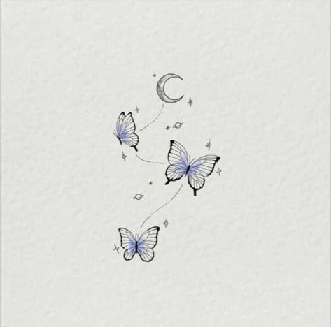 Butterfly Universe Tattoo, Butterfly Moon Tattoo Small, Butterfly Moon Drawing, Moon Star Butterfly Tattoo, Butterfly Moon And Stars Tattoo, Moon And Butterfly Tattoo Designs, Small Spiritual Tattoos Universe, Whimsical Butterfly Tattoo, Moon And Butterfly Tattoo