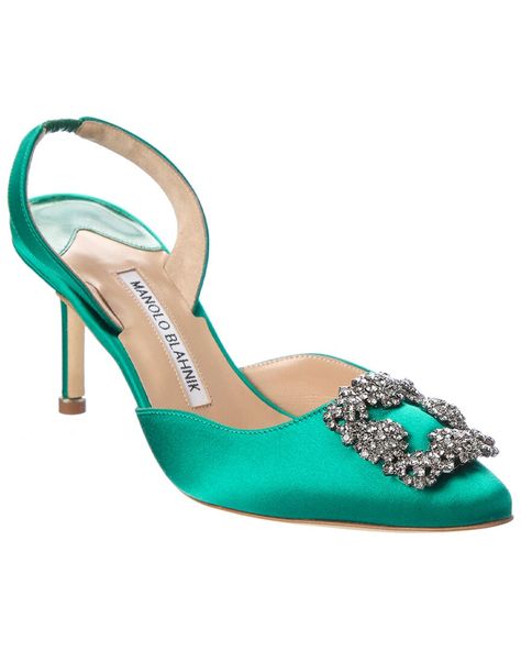 Manolo Blahnik Hangisli 70 Satin Slingback Pump In Green | ModeSens Manolo Blahnik Green, Manolo Blahnik Pumps, Pointed Toe Shoes, Winter Boots Women, Green Satin, Slingback Pump, Slingback Sandal, High Heels Stilettos, Ankle Straps