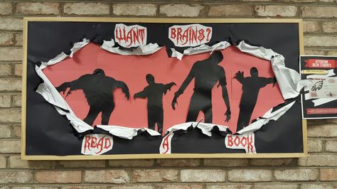 Halloween Zombie Bulletin Board Scary Halloween Bulletin Boards, Zombie Bulletin Board, Scary Bulletin Boards, Movie Bulletin Boards, Zombie Poster, Tri Fold Poster, College Bulletin Boards, Classroom Boards, Library Bulletin Board