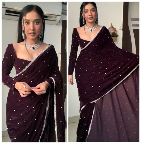 Maroon Blouse Designs, Wine Colour Saree, Sari Party Wear, Pre Stitched Saree, Farewell Saree, One Minute Saree, Velvet Saree, Wine Colour, Stitched Saree