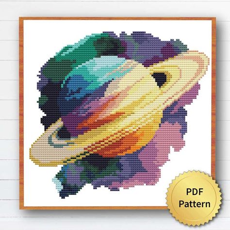 Saturn Cross Stitch, Galaxy Cross Stitch, Cross Stitch Decor, Ringed Planet, Stitch Decor, Galaxy Cross, Unique Cross Stitch, Saturn Planet, Space Galaxy