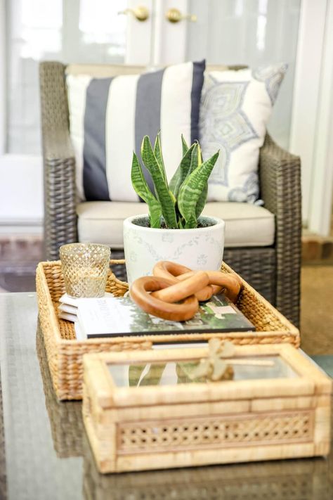 Patio Coffee Table Decor Decorate End Tables, Patio Coffee Table Decor, Easiest House Plants, Dark Walnut Furniture, Patio Coffee Table, Grandmillennial Style, Plant Care Guide, Snake Plant Care, Drop Down Table