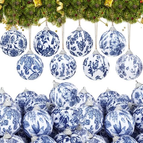 PRICES MAY VARY. Package Including: our package contains 24 pcs exquisite Christmas blue and white home decor, of which there are 8 different blue and white porcelain style fabric balls, each style of 3, and numerous can hang hemp rope, very beautiful and exquisite Quality Material: our chinoiserie ball decor for tree are made of fabric, foam and plastic, using the blue and white porcelain as the main tone of the construction process, such a process can be as comprehensive as possible to show th Blue Toile Christmas Tree, Blue And White Christmas Ornaments, Blue White Christmas Tree, Blue And White Christmas Tree, Christmas Chinoiserie, White And Blue Christmas, Chinoiserie Ornaments, Blue Christmas Tree Decorations, Chinoiserie Christmas