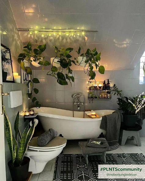 Bathroom with pretty lights and plants Greenery Bathroom, Farm Style Bathrooms, Plant Bathroom, Plants Bathroom, Small Half Bath, Bath Surround, Aesthetic Bath, Shop Bathroom, Luxurious Spa