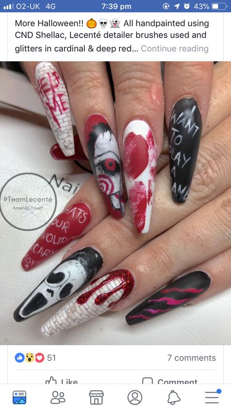 Ongles Halloween, Fun Halloween Nails, Scary Nails, Red Holographic, Horror Nails, Gel Polish Nail Art, Gothic Nails, October Nails, Goth Nails