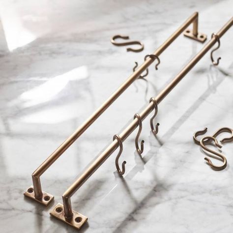 Metal Coat & Wall Hooks | Hanging Rails | Rowen & Wren Brass Hanging Rail Kitchen, Plate Rack With Brass Rail, Brass Pot Rack, Pot Rail Kitchen, Brass Rail Kitchen, Railing On Wall, Brass Kitchen Rail, Brass Pot Rail, Pot Rail