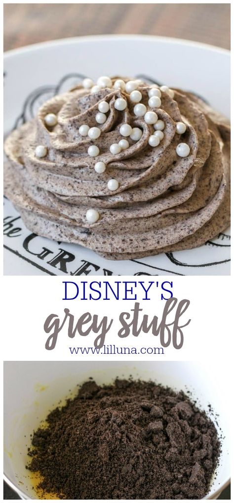 Gray Foods For Party, Grey Snacks For Color Party, Grey Stuff Recipe, Gray Stuff Recipe, Gray Stuff, Oreo Dirt Cake, Be Our Guest Restaurant, Disney Desserts, Lil Luna