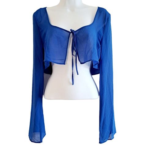 Lioness Bolero. Tied Front. Long Sleeve. Lightweight. Semi Sheer. Nwt. Size Large. Length Is 13 Inches. 19 Inches Pit-To-Pit. Color Is Cobalt Blue. E82 White Bra Top, Black Mesh Crop Top, Tie Up Crop Top, Sleeve Bolero, White Corset Top, Black Cami Top, Sheer Bodysuit, Black Sheer Top, Wrap Crop Tops