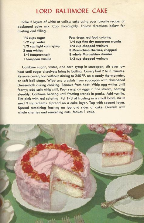 Vintage Recipes, 1950s Cakes, Lord Baltimore Cake 50s Recipes, Vintage Recipes 1950s, Vintage Pasta, 1950s Food, Paddington London, Retro Cake, 귀여운 음식 그림, Vintage Cakes, Vintage Baking