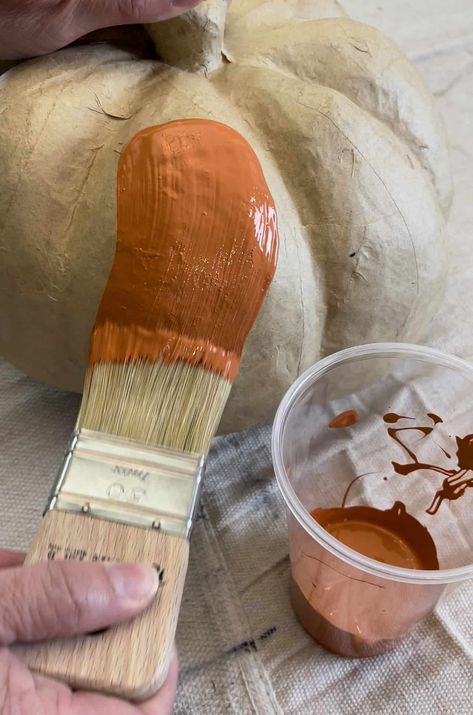 Paper Mache Pumpkin Ideas, How To Paint Paper Mache Pumpkins, Painting Paper Mache Pumpkins, Decorating Paper Mache Pumpkins, Paper Mache Pumpkins Painted, Pottery Barn Fall 2024, Faux Pumpkins Decorating, Diy Outdoor Pumpkins, Pottery Barn Pumpkins Diy