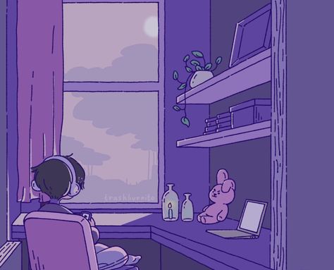 Aesthetic Anime, Laptop, Desk, Purple, Anime