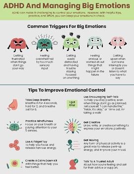 ADHD And Managing Big Emotions 1-page printable handout. This handout describes triggers to big emotions in those with ADHD, and tips to improve emotional regulation.8.5"x11" digital download printable PDFWant more resources like this? Check out my full catalog of ADHD handouts here. Related Products:ADHD Handouts Bundle (29 Pages)ADHD Handouts 5-Page Mini BundleThank You! I really appreciate your interest in this product! Feel free to contact me with any questions!Terms of Use  This resource wa Dbt Skills Worksheets, Emotional Regulation Activities, Cbt Techniques, Interpersonal Effectiveness, Emotion Regulation, Distress Tolerance, Big Emotions, Dbt Skills, Dialectical Behavior Therapy