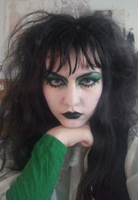 Goth Makeup Glasses, Goth Makeup With Glasses, Green Goth Makeup, New Wave Makeup, Goth Rainbow, Frankenstein Makeup, Green Goth, Deathrock Fashion, Trad Goth