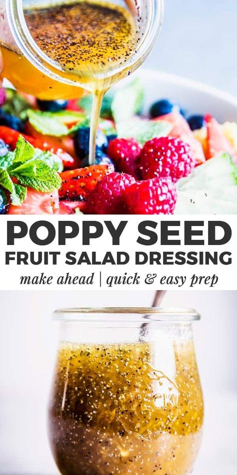 This Poppy Seed Fruit Salad Dressing is what you'll want to add to all your fruit salads this summer! It's quick to whip up in just a few minutes and made with a handful of healthy real food ingredients you probably have on hand already. Try it for your next picnic or BBQ - it's so delicious! Perfect for Easter, Mother's Day or BBQ picnics! | #summer #recipe #easyrecipes #dressing #easter #mothersday #spring #bbq #sidedish #dessert #cleaneating #healthy Poppy Seed Fruit Salad, Fruit Salad Dressing, Salad Cobb, Fruit Dressing, Fruit Salad With Marshmallows, Healthy Fruit Salad, Seed Salad, Best Fruit Salad, Dressing For Fruit Salad