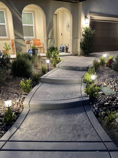 Front Walkway Steps, Walkway Stairs To Front Door, Backyard Concrete Walkway Ideas, Stamped Concrete Stairs Front Steps, Front Stairs And Walkway Ideas, Walkway Steps To Front Door, Concrete Front Entrance Ideas, Front Walkway Stamped Concrete, Sidewalk Steps Landscaping