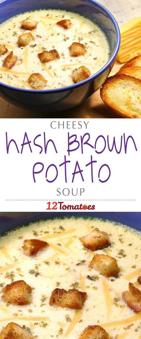 Cheesy Hashbrown Potato Soup | Using store-bought hash browns (or homemade, if you’re really feeling ambitious) and lots and lots of cheese, we end up with a thick soup that warms us up and gets us excited for cold weather. Hashbrown Potato Soup, Hash Brown Potato Soup, Cheesy Potatoes With Hashbrowns, Cheesy Hashbrown, Thick Soup, Cheesy Hashbrowns, Recipe Soup, Potato Soup Recipe, Hash Brown