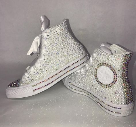 High Top Platform Converse, Bedazzled Converse, White High Top Converse, Bling Converse, Ribbon Shoes, Wedding Converse, Custom Bling, Platform Converse, White High Tops