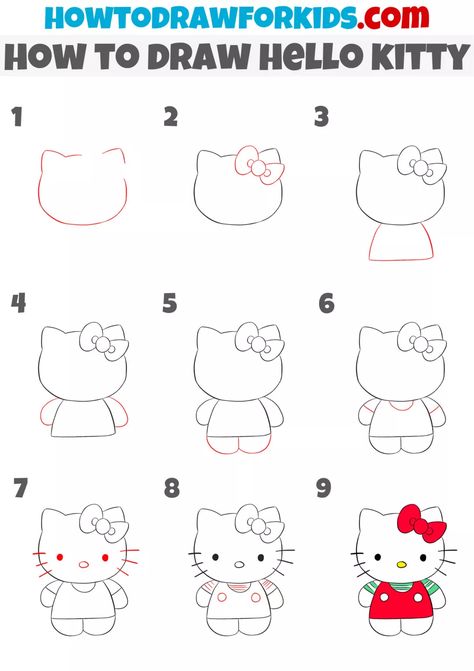 How to Draw Hello Kitty - Easy Drawing Tutorial For Kids Hello Kitty Drawing Easy Step By Step, How To Draw Hello Kitty Step By Step, How To Draw Sanrio Characters, Hello Kitty And Friends Drawing, How To Draw Hello Kitty, Cute Hello Kitty Drawing, Hello Kitty Tutorial, Hello Kitty Painting Canvases, Hello Kitty Drawing Easy