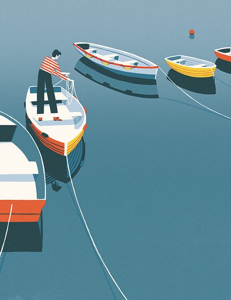 Morning Reflections | David Doran Fishing Boat Illustration, Boat Illustration, Sea Illustration, Beer Bottles, Fishing Boat, Flat Illustration, Art Paint, Fishing Boats, Early Morning